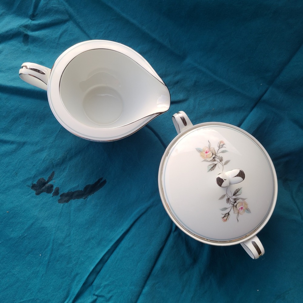 Noritake Margot 5605 Sugar Bowl w/Lid and Creamer Set White Rose MCM Vintage Pla
